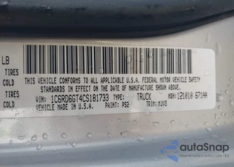 2012 Ram 1500 Slt из США, поврежденный, VIN 1C6RD6GT4CS181733